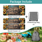 Picnic Table Cover with Bench Covers Wood Sunflower Flowers Wooden Floral Waterproof Windproof Fitted Outdoor Tablecloth with Elastic Rectangle Table Cloth Camping Accessories,60x30 Inch