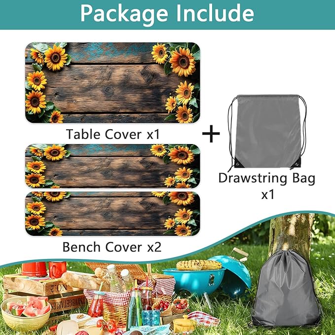 Picnic Table Cover with Bench Covers Wood Sunflower Flowers Wooden Floral Waterproof Windproof Fitted Outdoor Tablecloth with Elastic Rectangle Table Cloth Camping Accessories,60x30 Inch