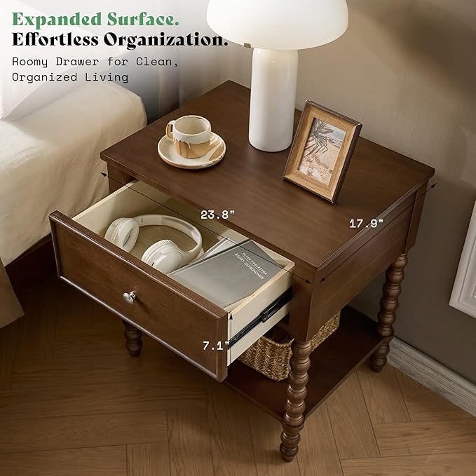 AMERLIFE 24" Walnut Nightstand Set of 2, Vintage Bedside Table