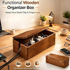 Real Wood Cable Management Box - Minimalist Home Office Decor - Walnut Finish Cord Organizer to Hide Wires & Power Strips - Spring Cleaning Essential for Desk & TV Stand - Safe for Pets & Kids