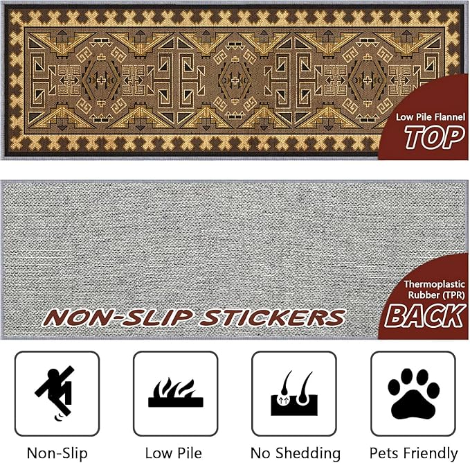 Brown Geometric Runner Rug, 3x8ft Hallway Runner Washable Rug, Corridor & Foyer High-Traffic Rugs, Indoor Durable Non-Slip Mat, Vintage Southwestern Decorative Home Carpet