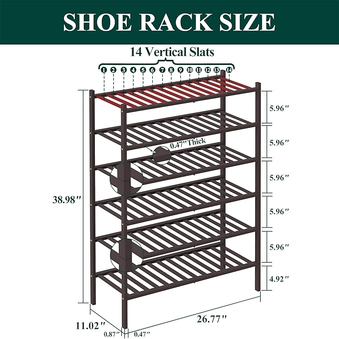 Smiry Bamboo Shoe Rack, 6 Tier Free Standing Wooden Shoe Organizer, Stackable Wood Shoe Storage Shelf for Closet, Entryway, 12 Vertical Slats, 2+2+2 Stack Standard Legs, 26.8"x11"x39", Brown