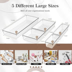 Criusia 14 PCS Clear Plastic Drawer Organizer Set - 5 Large Size Versatile Kitchen and Bathroom Organizer Trays, Non-Slip Storage Bins for Makeup, Utensils, Tool and Office Desk