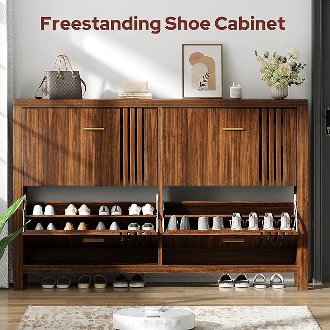 knoworld Shoe Storage Cabinet for Entryway with 4 Flip Drawers, 47.24" Narrow Fluted Shoe Organizer Cabinet, Slim Wooden Shoe Cabinet, Freestanding Hidden Shoe Cabinet for Entrance, Hallway (Walnut)