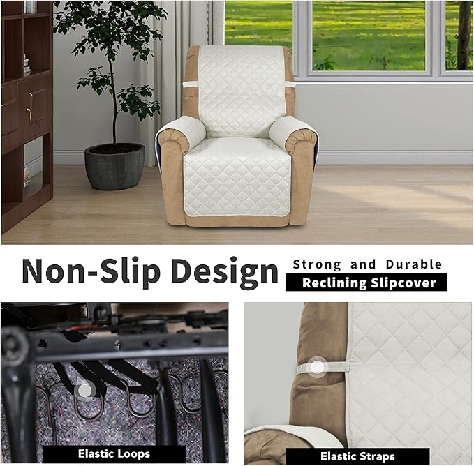 Easy-Going Recliner Chair Slipcover Reversible Sofa Cover Water Resistant Couch Cover Furniture Protector with Elastic Straps for Pets Dog (Recliner 22 inch, Ivory/Ivory)