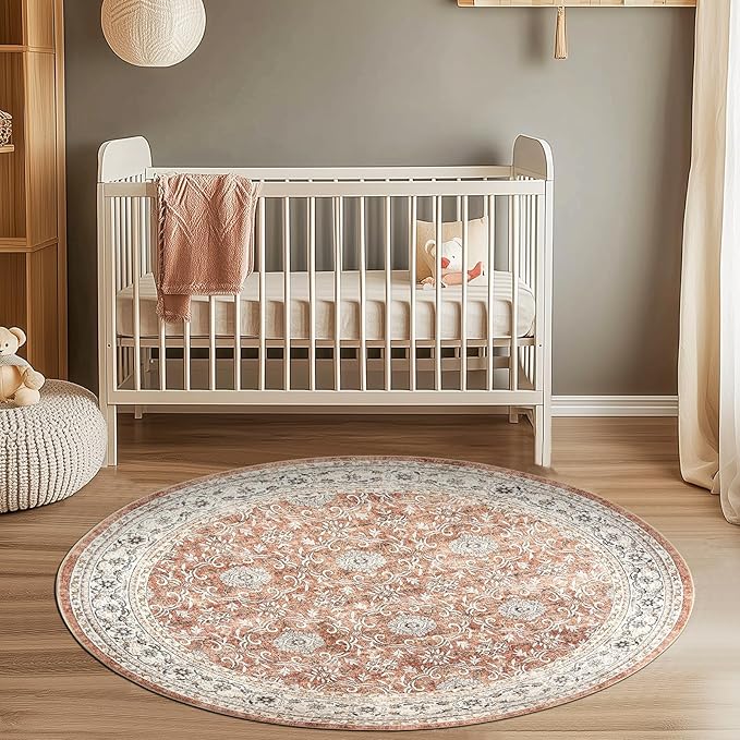 jinchan Round Rug 6ft Washable Circle Soft Rug - Low Pile Vintage 6'Round Indoor Orange Floral Print Stain Resistant Boho Carpet Ultra-Thin Non-Slip for Living Room Nursery Bedroom Dining Room Kitchen