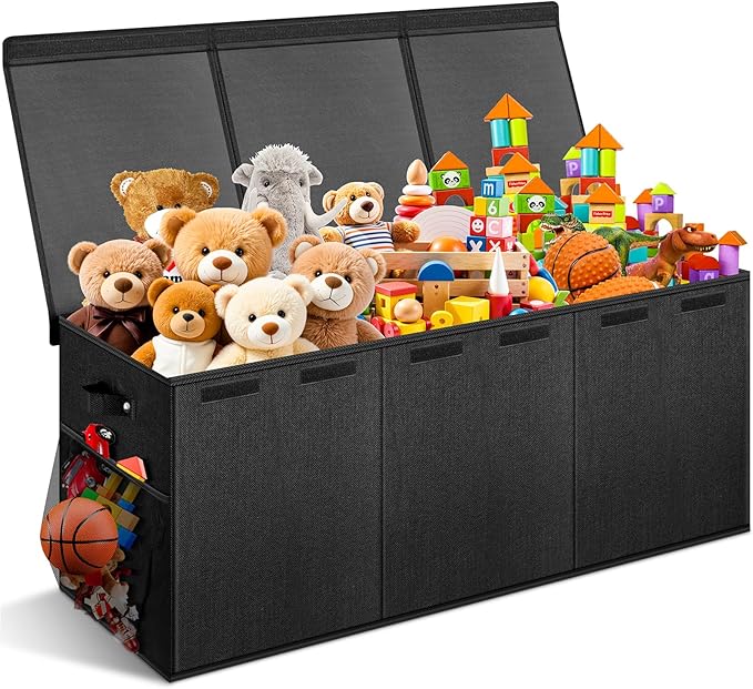 Extra Large Toy Box with Lids - Sturdy Collapsible Kids Storage Organizer Big Bin Chest Basket with Dividers for Boys Girls, Bedroom, Nursery, Living Room, Playroom Organization, 38"x16"x14", Black