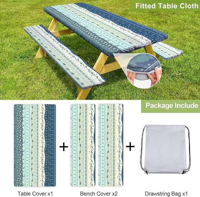 Picnic Table Cover with Bench Covers Camping Essentials Waterproof Windproof Camping Tablecloth with Drawstring Bag, Fitted Rectangle Tables and Seats, 72in, Bohemian