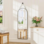 48"x16" Hanging Mirror with Leather Strap,Arched Full Length Mirror with Aluminum Frame Wall-Mounted Hanging Mirrors for Bathroom Vanity Living Room Bedroom Entryway Décor, Black