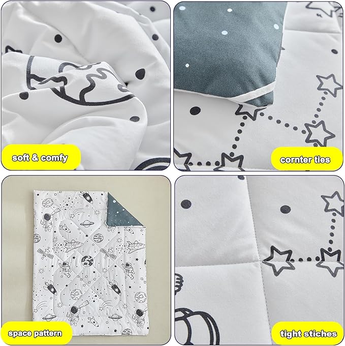 DuShow 4 Piece Toddler Bedding Set for Boys,White Space Crib Bedding Sheets Set,Soft Toddler Comforter Set Bed in a Bag | Include Comforter,Flat Sheet,Fitted Sheet,Pillowcase