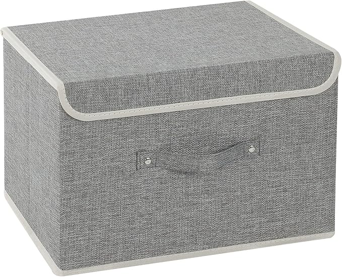 Storage Boxes, Collapsible Storage Bins with Lids, Cotton and linen cloth Storage Baskets with Handle, for Books, Closet, Bedroom, Home, 15x9.8x9.8 in, Grey