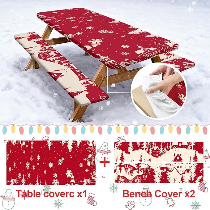 Picnic Table Cover with Bench Covers Set of 3, Elastic Fitted Tablecloth for 6 Foot Tables, Washable Polyester Tablecloths for Camping, Indoor & Outdoor