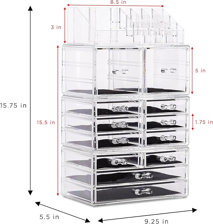Sorbus Large Makeup Organizer - Clear Stackable Jewelry Makeup Organizer for Vanity, Bathroom Storage Display Case - 12 Drawers Cosmetic Beauty Organizers and Storage with Lipstick Makeup Brush Holder