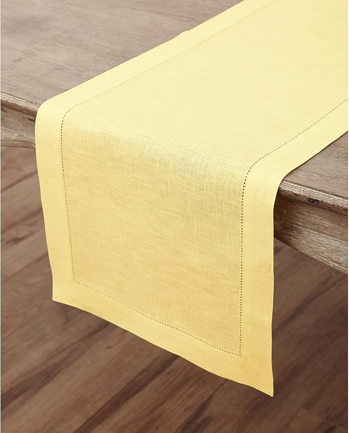 Solino Home Linen Yellow Table Runner 132 Inches Long - 100% Pure Linen Extra Long Table Runner 14 x 132 Inch - Classic Hemstitch