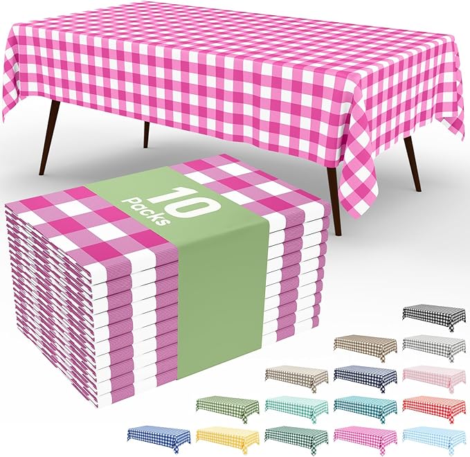 Smiry 10 Pack Hot Pink Gingham Disposable Tablecloths - 54" x 108" Heavy Duty Plastic Table Cloth, Waterproof Buffalo Plaid Table Covers for Picnic, Banquets, Parties