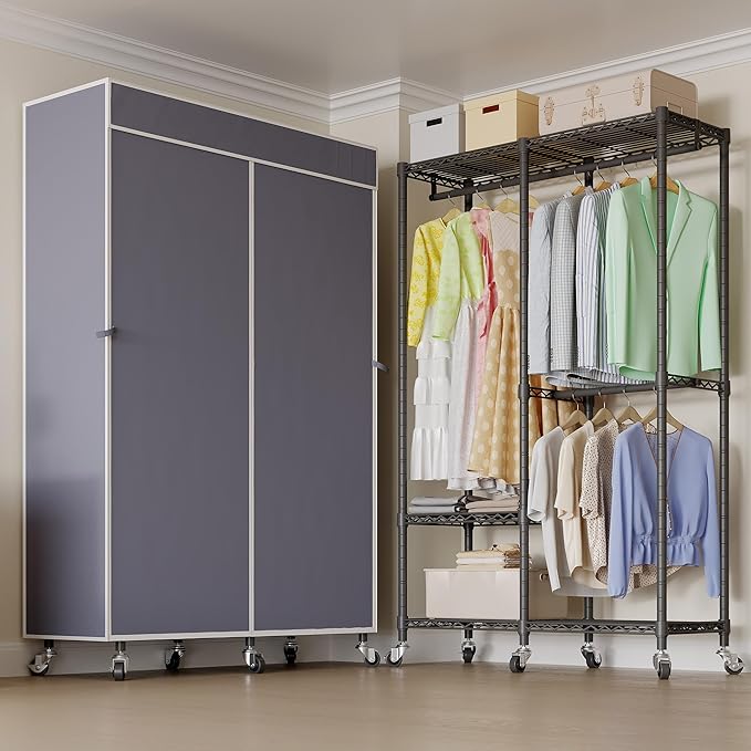 Higeego H9 Heavy Duty Rolling Clothes Rack with Cover, Covered Garment Rack with Wheels and Shelves, Wardrobe Closet, Portable Closet for Hanging Clothes, Black Clothing Rack with Grey Cover