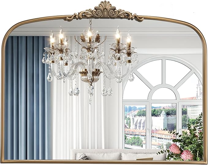 40" x 32" Antique Gold Arched Mirror for Wall, Vintage Brass Bathroom Mirror with Metal Frame, Bronze Ornate Gold Vanity Mirror for Entryway, Mantel, Powder Room