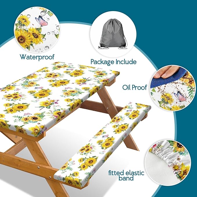 Sunflower Picnic Table Cover with Bench Covers, Summer Farmhouse Outdoor Table Covers with Elastic Camping Tablecloth for Party Essentials, Vintage Floral Rectangular Picnic Tablecloth Cover