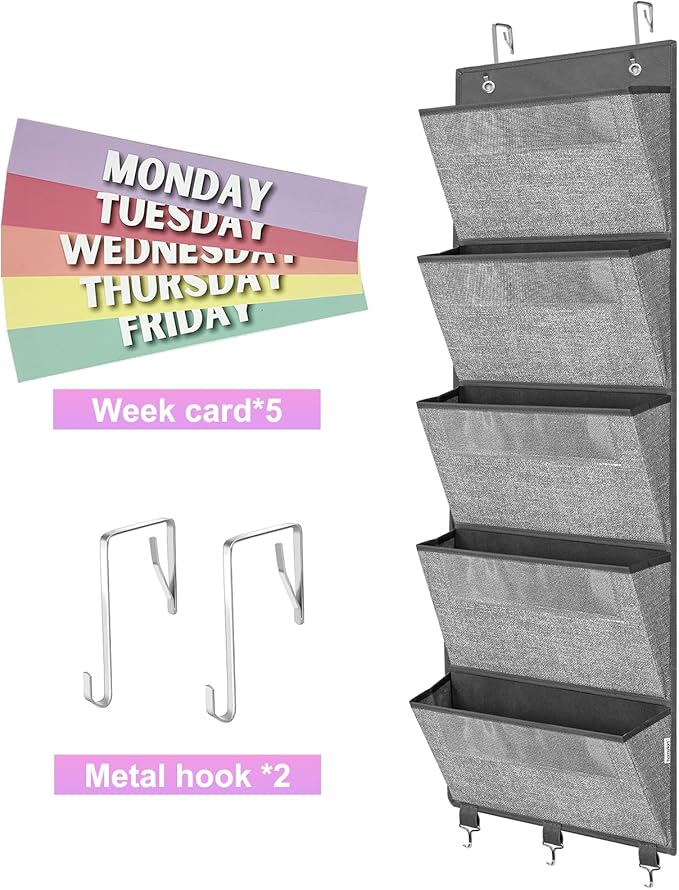 homyfort Over the Door hanging File Organizer, Weekly Hanging File Folders, Wall Organizers and Storage for Mail, Magazine, Notebooks, Office, Classroom, 5 Large Pockets, 50.39” Tall, Grey