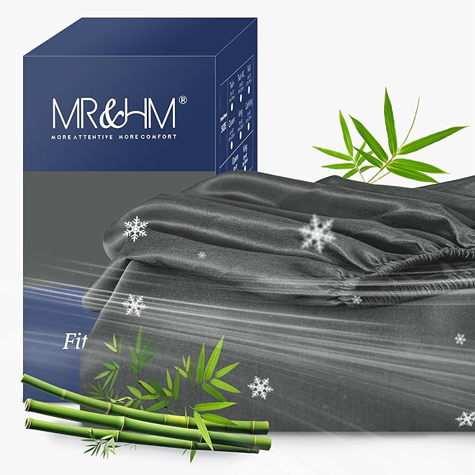 MR&HM California King Fitted Sheet, Ultra-Soft Rayon Derived from Bamboo & Polyester Blend, Silky & Breathable, 15" Deep Pocket with Elastic Straps, Cooling Fitted Sheet for Hot Sleepers, Dark Grey