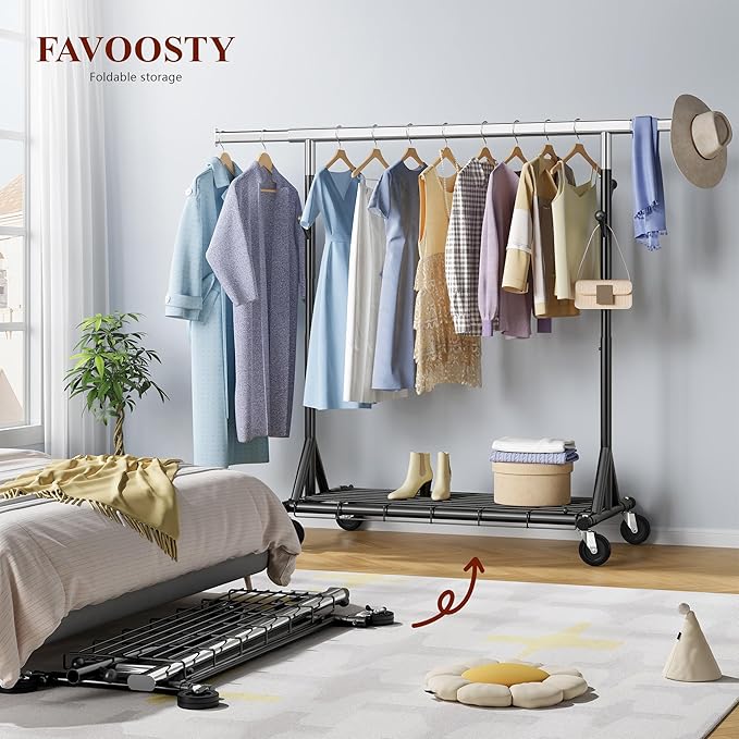 FAVOOSTY Heavy Duty Clothes Rack for Hanging Clothes, Rolling & Extending Clothing Rack with Wheels, Garment Coat Rack Freestanding, Portable Clothes Rack, Black