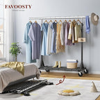 FAVOOSTY Heavy Duty Clothes Rack for Hanging Clothes, Rolling & Extending Clothing Rack with Wheels, Garment Coat Rack Freestanding, Portable Clothes Rack, Black
