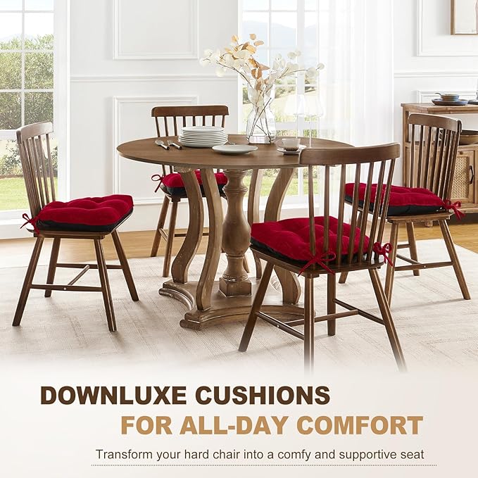 downluxe Indoor Chair Cushions for Dining Chairs, Tufted Overstuffed Textured Foam Kitchen Chair Pads with Ties and Non-Slip Backing, 15.5" x 15.5" x 4", Red, 6 Pack