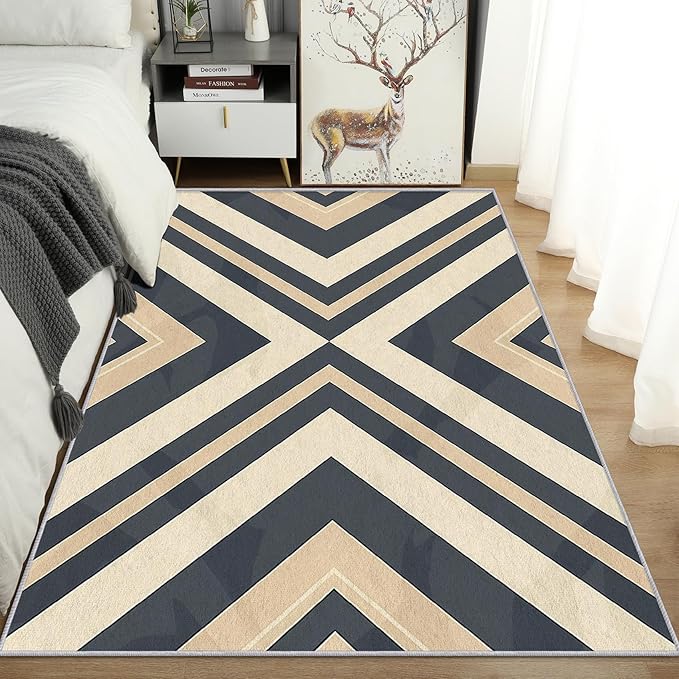 Modern Geometric Rug, Washable 5x7 Rug for Living Room, Herringbone Chevron Patterned Indoor Carpet, Modern Geometric Decor for Home, Bedroom, Soft Non Slip Thin Design FER78