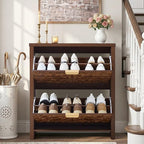 weselon Shoe Cabinet with Flip Drawers, Narrow Shoe Storage Cabinet, 2-Tier Hidden Shoe Organizer with Carved Floral for Entryway, Mid-Century Modern Slim Shoes Storage for Hallway Foyer (1, Walnut)