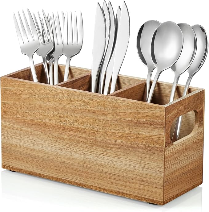 DRASTAR Silverware Holder, Acacia Wooden Utensil Caddy, Silverware Organizer Countertop, Cutlery Holder for Party, Fork Spoon Knife Organizer