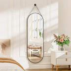 48"x16" Hanging Mirror Full Length with Leather Strap,Oval Full Length Mirror Wall-Mounted Hanging Mirrors for Bathroom Vanity Living Room Bedroom Entryway Décor, Black