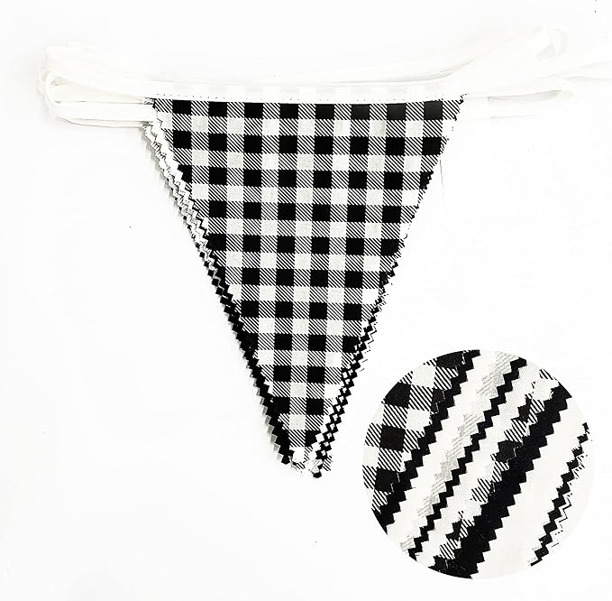 32Ft Black Party Decorations Black Buffalo Plaid Checkered White Triangle Flag Gingham Pennant Bunting Fabric Garland for Racing Car Party BBQ Birthday Wedding Carnival Picnic Outdoor Home Decor
