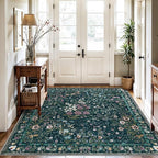 5x5 Living Room Area Rug Washable: Floral Non-Slip Mats for Indoor Floor Entryway Dining Room Bedroom - Soft Thin Carpet for Vintage Neutral Home Decor (5ft Square, Green)