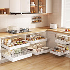 Seinloes 6 Pack Pull out Cabinet Organizer 21"Deep with Raising Pad for Framed Cabinets, Expandable Slide out Drawers for Kitchen Cabinets with 6pcs Divider Racks, Roll out Shelves 12.1"-20.4" W White