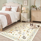 Soalmost Cat 4x6 Area Rugs, Machine Washable Animal Floral Accent Rug Non-Slip Low Pile Soft Throw Rugs for Entryway Kitchen Bedside Living Room Bedroom Nursery Playroom (4 x 6,Beige)