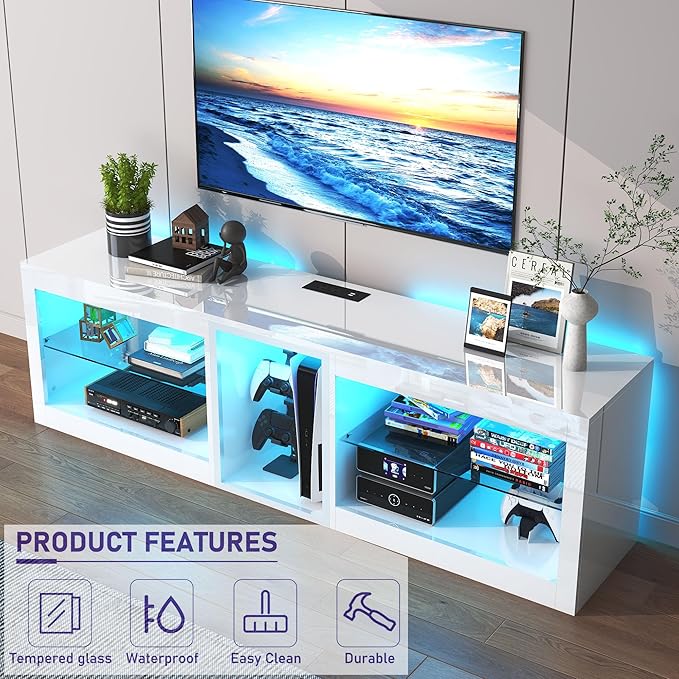 Vinctik 6&Fox LED TV Stands w/Power Outlet,60,00-Colors Lighting for 65 70in TV, 63" Modern High Gloss Entertainment Center,TV Console W/Adjustable Glass Shelves for Living Room Game Bedroom (White)