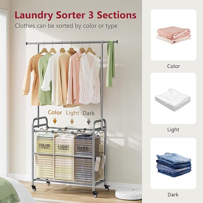 Tajsoon Laundry Hamper with Hanging Rack, 3 Section Laundry Sorter with Heavy Duty Lockable Wheels, Laundry Basket Organizer for Dirty Clothes Storage, 3 Beige
