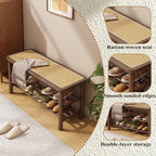 SOBIBO Bamboo Shoe Rack Bench with Rattan Seat, 3-Tier Shoe Storage Bench, Entryway Bench for Hallway Walnut-23.62 inches