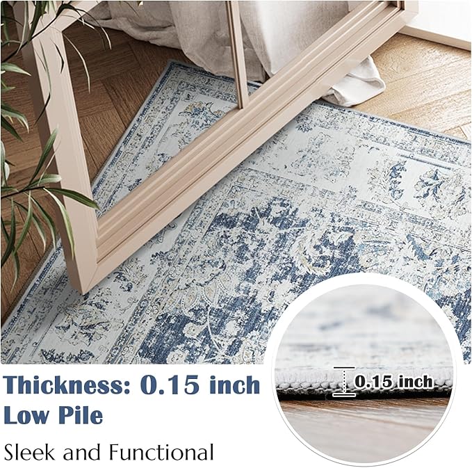 jinchan Fiora 4x6 Area Rugs for Bedroom - Machine Washable Distressed Vintage Floral Design Stain Resistant Boho Carpet Ultra-Thin Low Pile Non-Slip Rug for Living Room Dining Room (4‘x6', Dark Blue)
