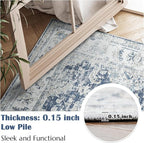 jinchan Fiora 4x6 Area Rugs for Bedroom - Machine Washable Distressed Vintage Floral Design Stain Resistant Boho Carpet Ultra-Thin Low Pile Non-Slip Rug for Living Room Dining Room (4‘x6', Dark Blue)