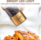 Eparé Brass Salt and Pepper Mill - Battery Operated Gold Pepper Grinder with Ceramic Burr - Automatic Steel Peppermills With LED Light - Gold or Brass Color