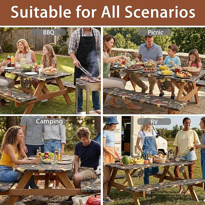 Picnic Table Cover with Bench Covers Fitted Waterproof Camping Tablecloth with Elastic for 6 Foot Rectangle Tables Outdoor Travel Rv Essentials Summer Vacation Accessories Gift for Men Women