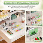 BLULEE 4-Piece Expandable Drawer Organizer Set, Adjustable Clear Bins with Dividers for Kitchen, Bathroom, Vanity & Office, Scalable Trays for Cosmetics, Utensils & Desk Accessories