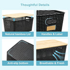 Bagnizer 2 Pack Tall Plastic Storage Bins with Bamboo Lids, 10.8qt Stackable Storages Baskets for Organizing Desktop Closet Playroom Classroom Office, 12"L x 8.3"W x 6.1"H, Black