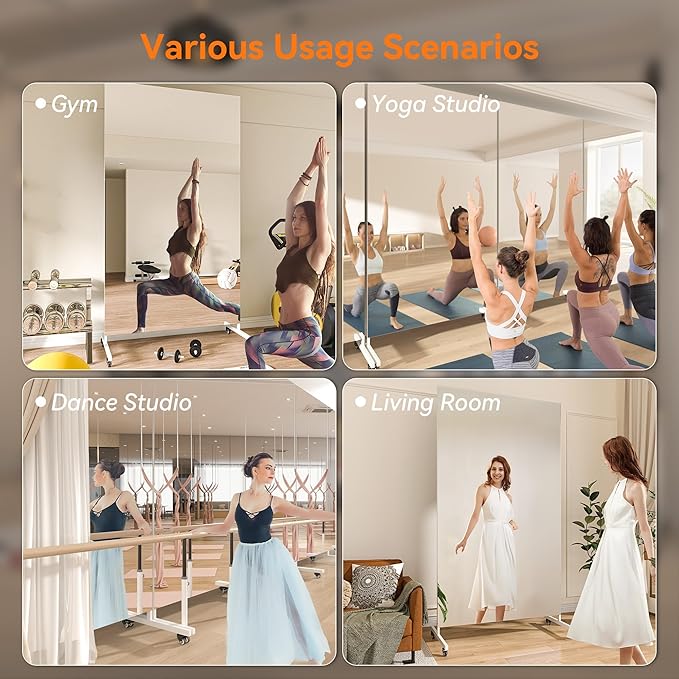 Hasipu Home Gym Mirror 360° Swivel on Wheels, 78.7" x 31.4" Extra Large Full Body Rolling Mirror for Yoga Studio, Bedroom, Dancing Studio, White