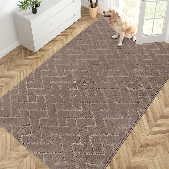 PURRUGS Easy Care Area Rug 4.5ft x 7ft, Non-Slip Machine Washable Entry Rug, Dog Door Mat, Stain Resistant Accent Rug for Hallway, Bedroom, Living Room and Mudroom, Grayish Brown