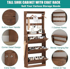 Shoe Cabinet for Entryway with 3 Flip Drawers, Walnut Tall Wood Shoe Storage Cabinet with Coat Rack, Narrow Hidden Slim Freestanding Shoe Rack Organizer, 2 in 1 Hall Tree for Living Room, Hallway