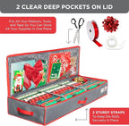 HOLDN' STORAGE Premium Wrapping Paper Storage Container - Durable 600D Tearproof, Fits 27 Rolls Gift Wrap Extra Pockets for Ribbons & Bows Underbed Storage - Ideal for Holiday Christmas, Grey/Red Trim