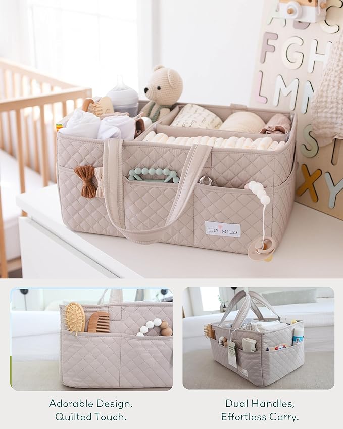 Lily Miles Baby Diaper Caddy Organizer, Quilted Nursery Storage Organizer for Newborn Essentials and Diaper Changing Station, Gift for Baby Shower and Registry Must-Have (Soft Sand)