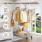 Simple Trending Heavy Duty Clothing Clothes Rack for Hanging, Rolling Double Rod Garment Rack Organizer with Wheels Load 620 LBS, Chrome